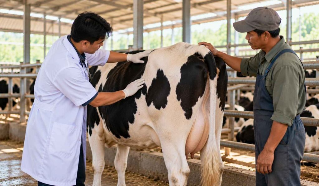 Dokter hewan dan peternak mengevaluasi kondisi tubuh sapi perah di kandang