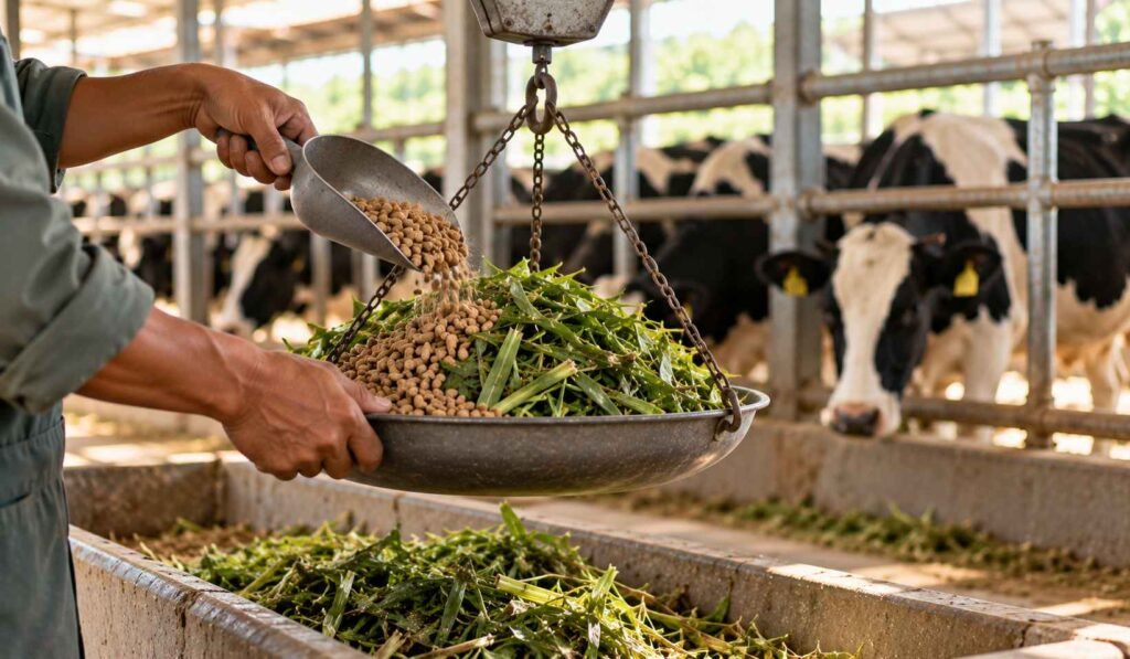 Pakan hijauan dan konsentrat ditimbang untuk menyesuaikan kondisi tubuh sapi perah